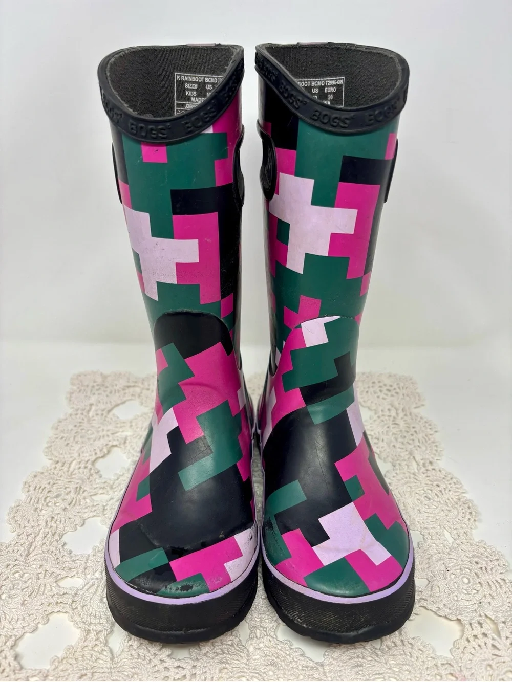 BOGS Rain Boot Big Camo Pink Green Black Pixel Camouflage Pull On Boots Kid 13